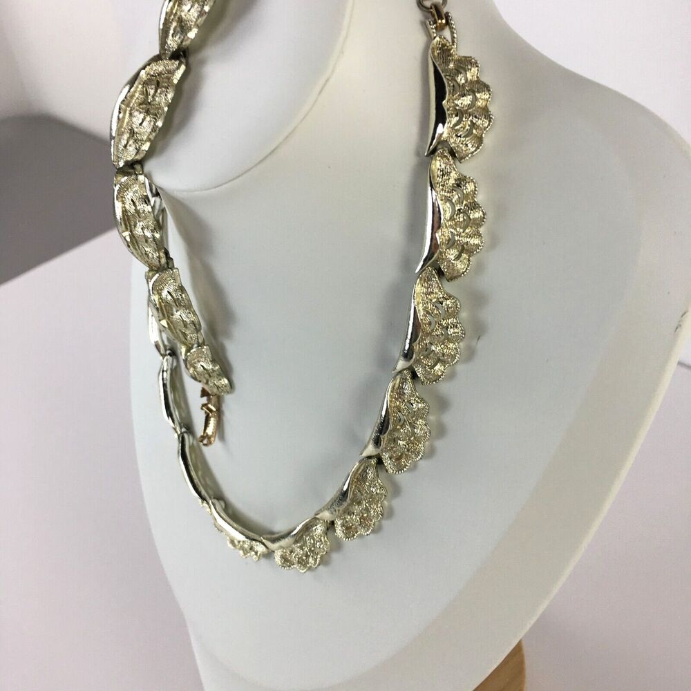 Vintage Coro Signed Silver Tone Swirls Statement Necklace and Bracelet Set of 2 - Picture 4 of 16